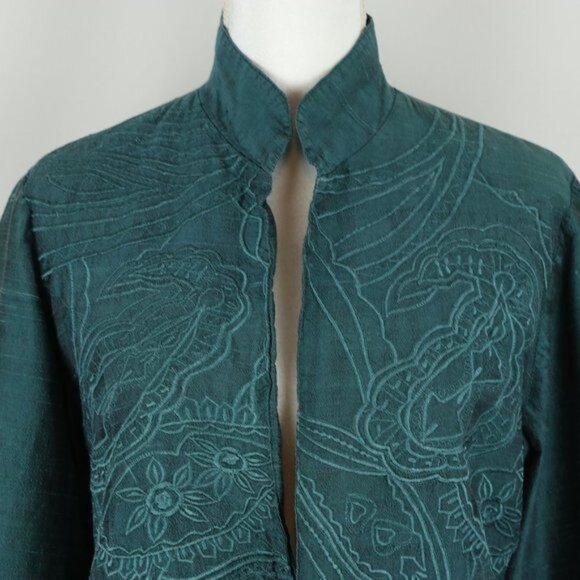 Anu Women's Large Blue Green Raw Silk Lined Embroidered Open Front Jacket - Picture 2 of 8